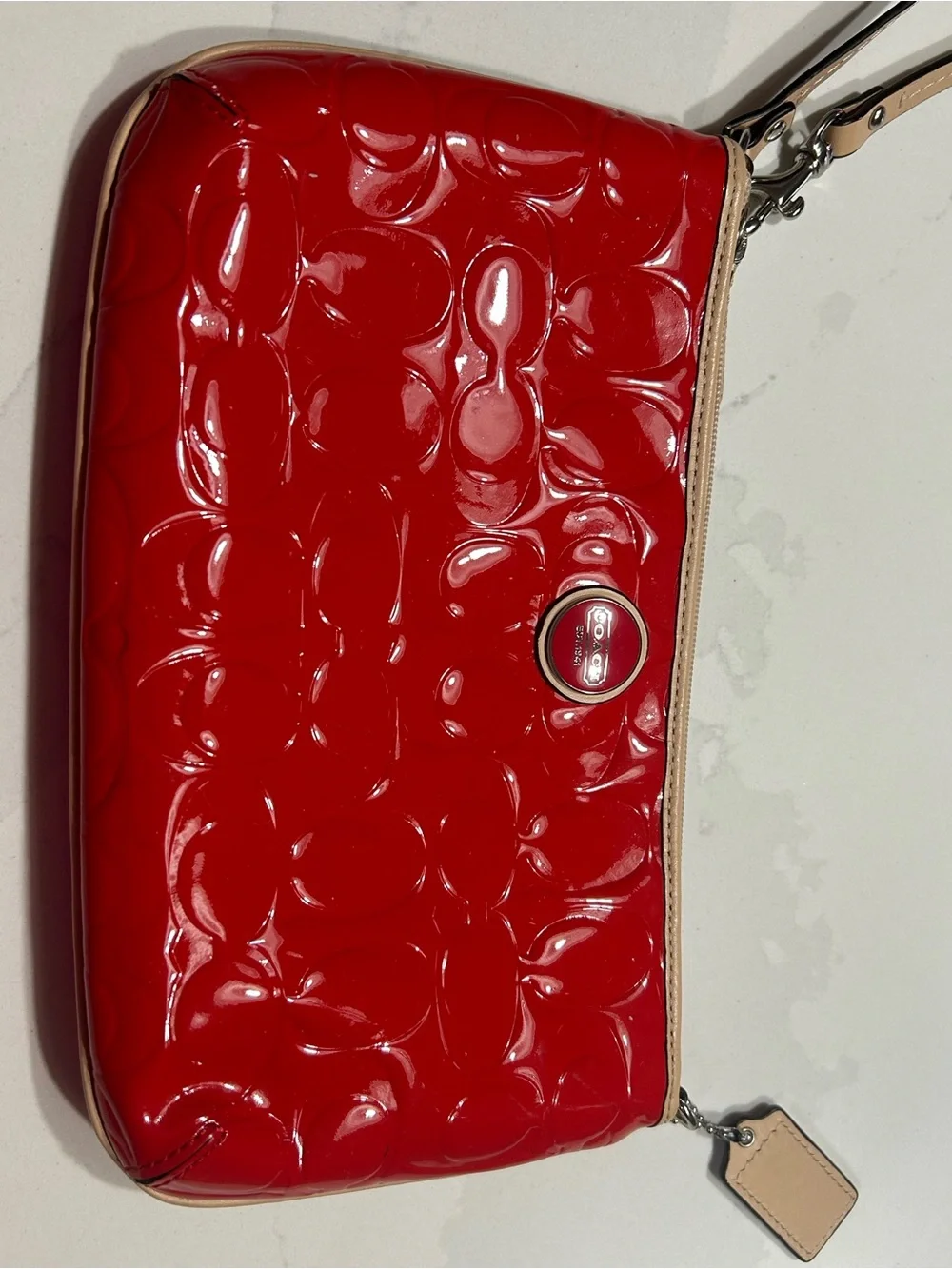 Coach Red Patent Wristlet with Beige Trim